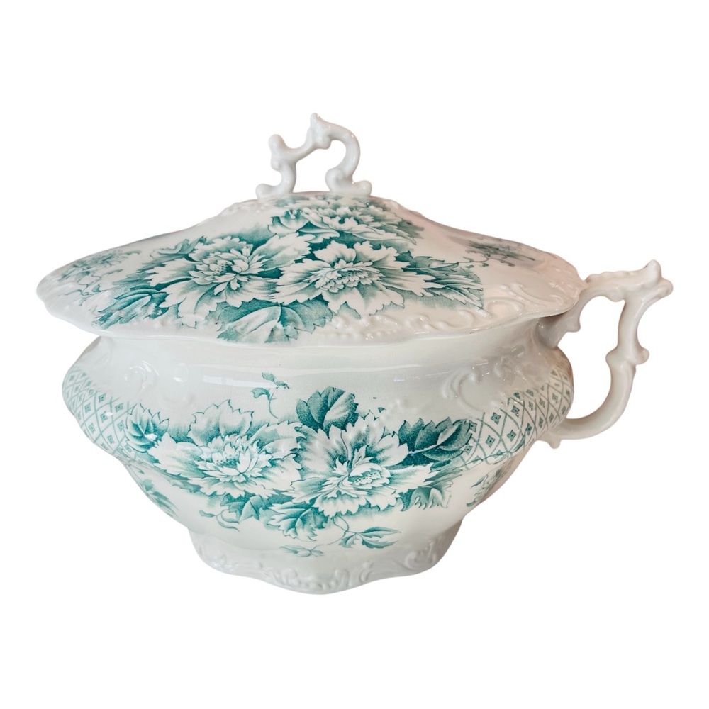 Antique W.H. Smith & Co Hampton England Covered Tureen – Green Transferware 10”